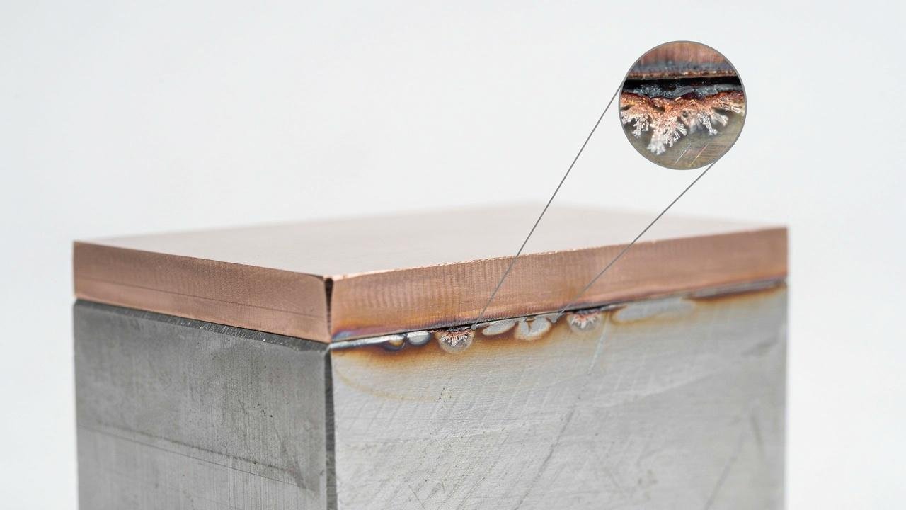 Cross-section of a metal component showing a protective weld overlay layer bonded to the base metal.