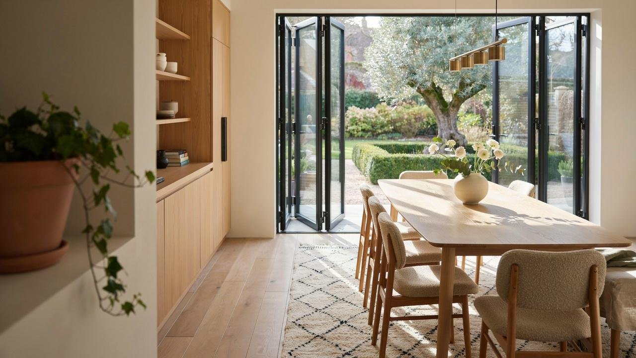 Modern dining room illuminated by sunlight through French doors.