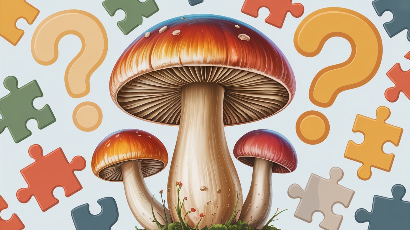 Large mushroom surrounded by puzzle pieces and question marks representing the answer to the no doors or windows riddle.