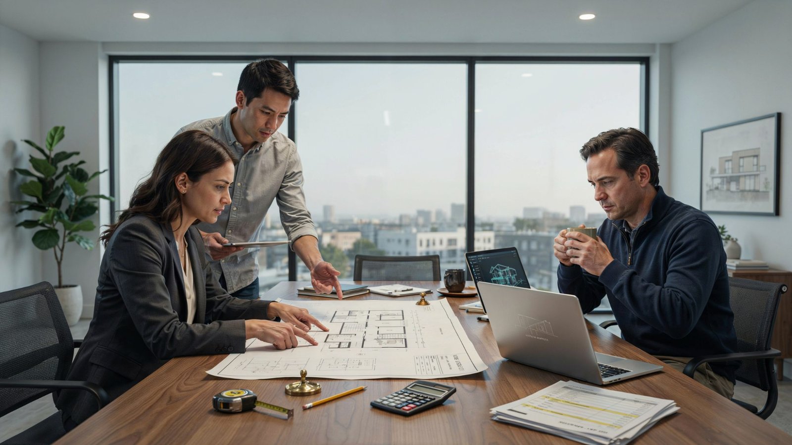 Homeowners and an architect reviewing blueprints and budgeting plans during the early planning stage of home construction.