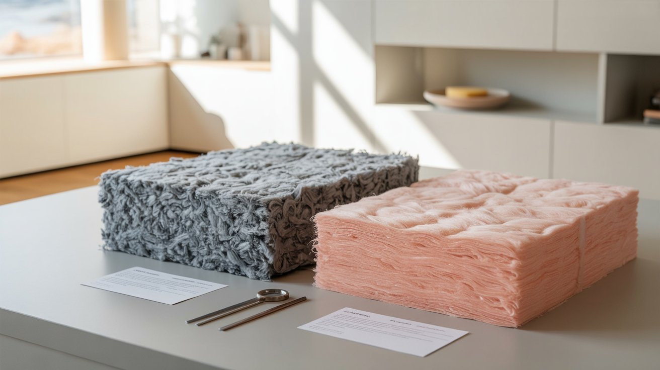 Samples of cellulose and fiberglass insulation displayed side by side for comparison.