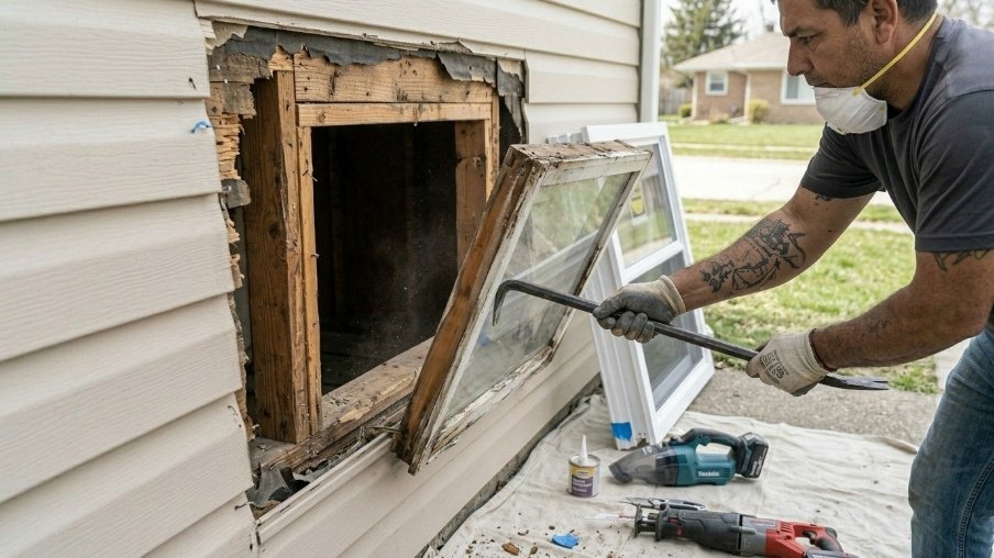 Removing the entire old window frame during outside replacement installation.