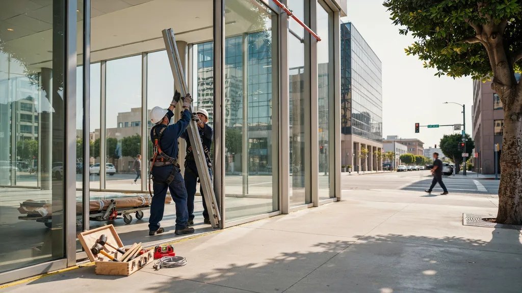 Technicians replace large glass panels on a modern storefront facade.