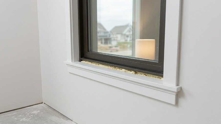 Interior finishing process showing insulation, trim, and drywall around a newly installed window.