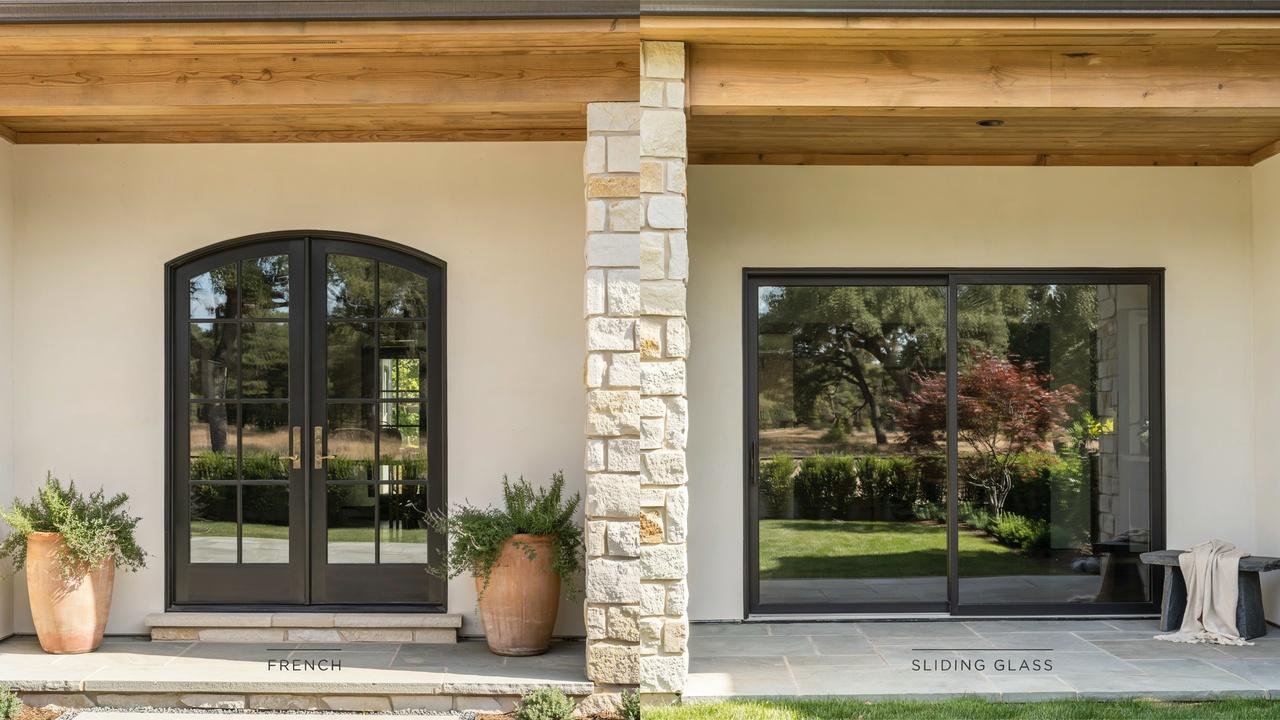 French doors and sliding glass doors side by side on a modern home exterior, highlighting differences in style and operation.