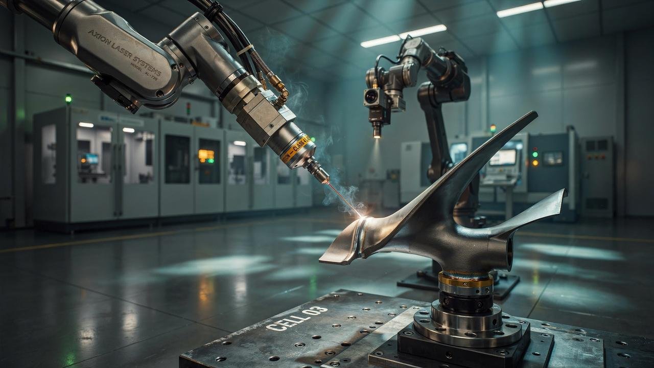 Precision laser cladding machine applying a smooth metal coating to a turbine component.