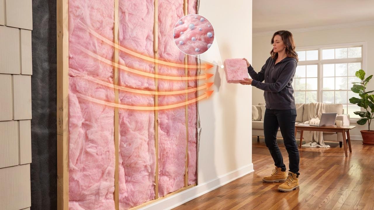Illustration showing how insulation R-value affects heat flow through a home's wall.
