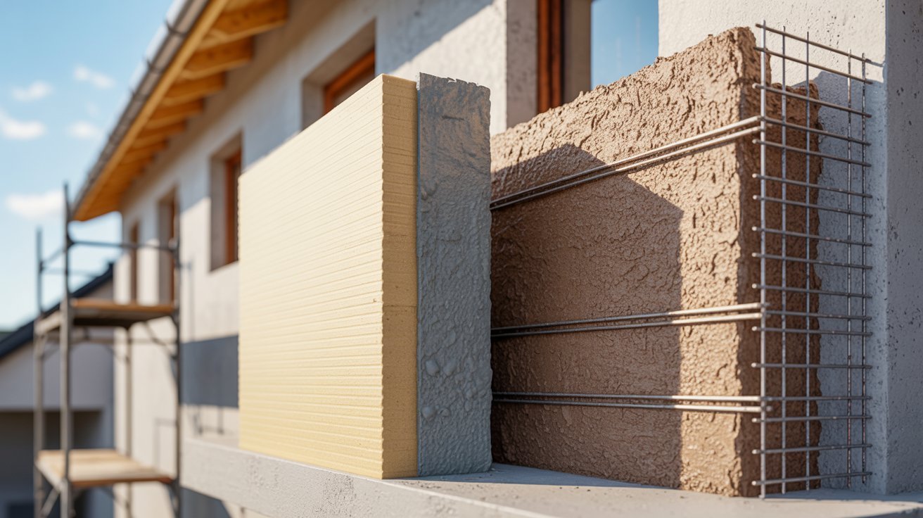 EIFS and stucco wall materials showing foam insulation mesh cement and layered construction.