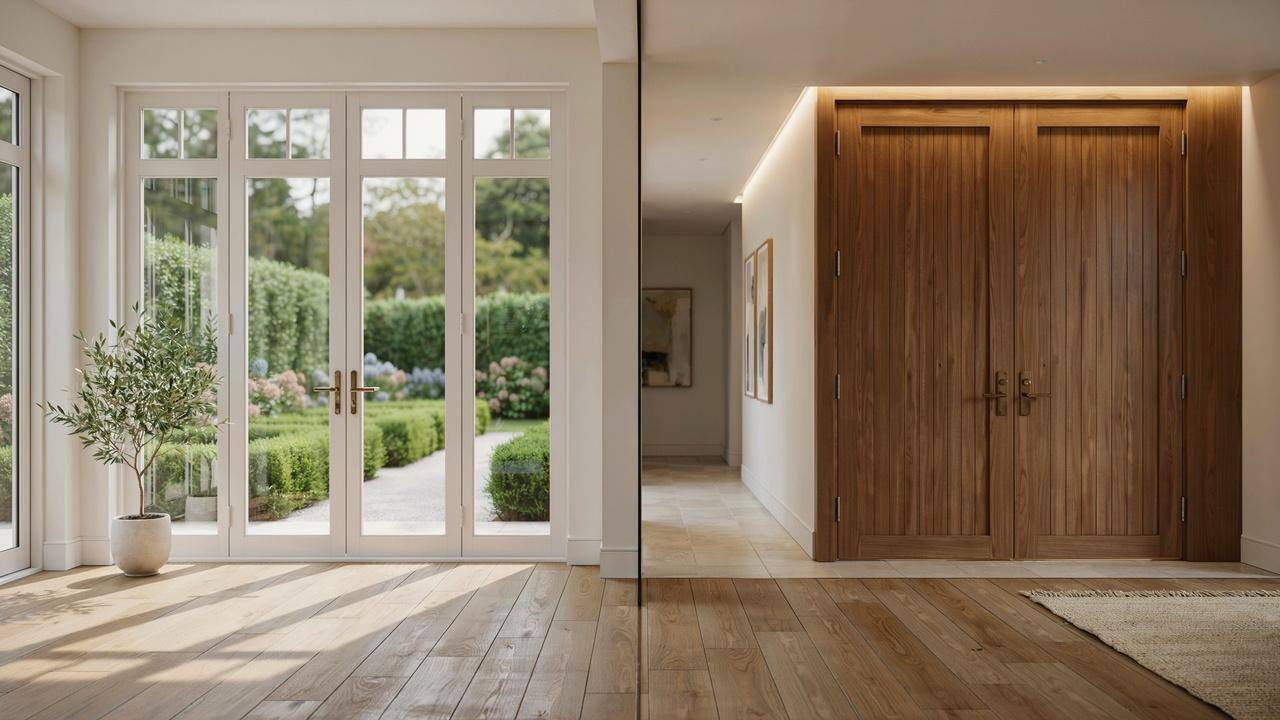 French doors and double doors displayed side by side to illustrate common myths and facts about their design, security, and functionality.