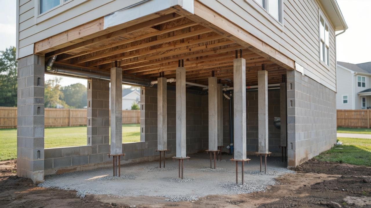 Pier and curtain wall foundation supporting a house with visible piers and enclosed crawl space.