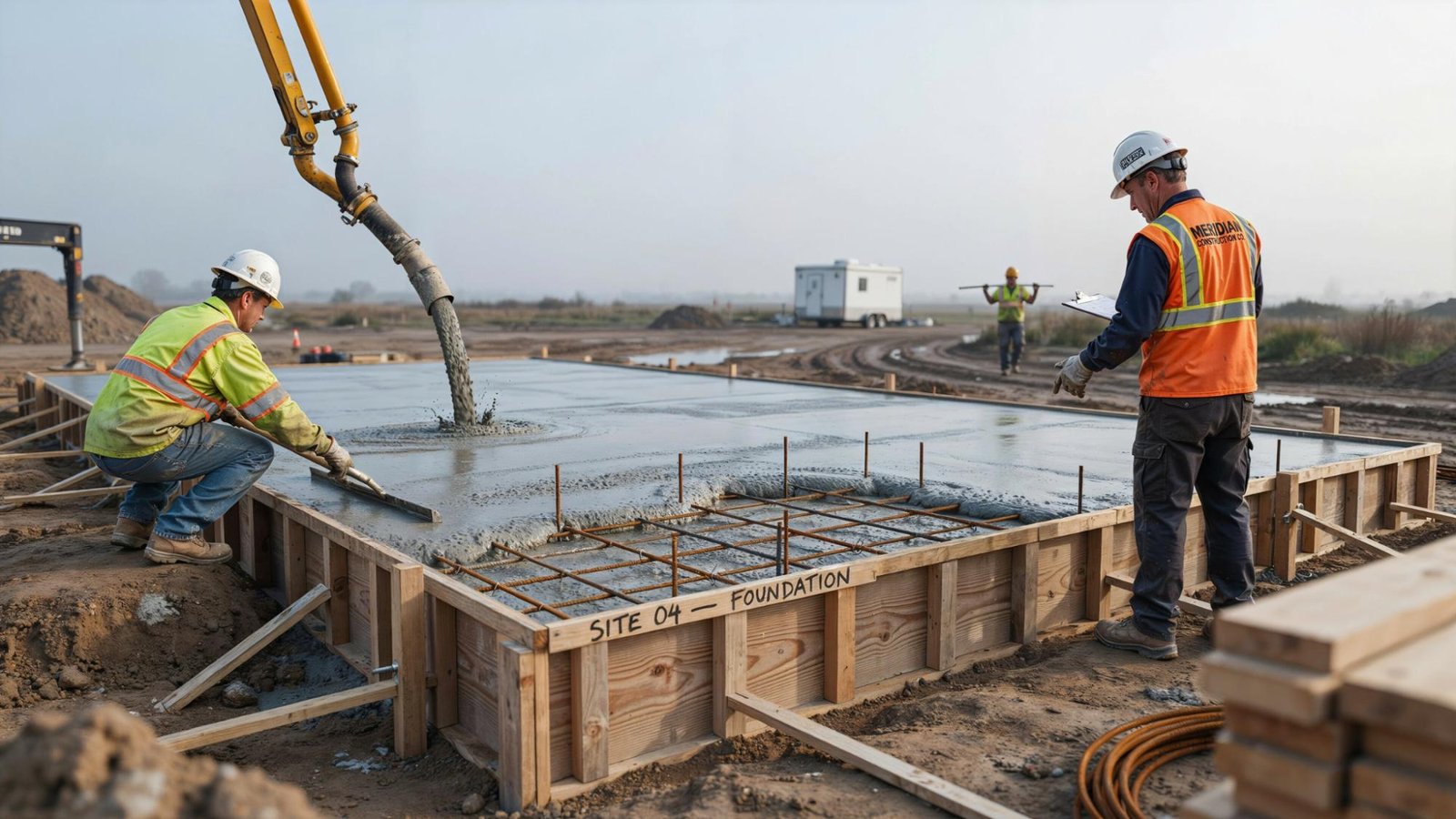 Workers pouring concrete and building a strong foundation structure for a new home.