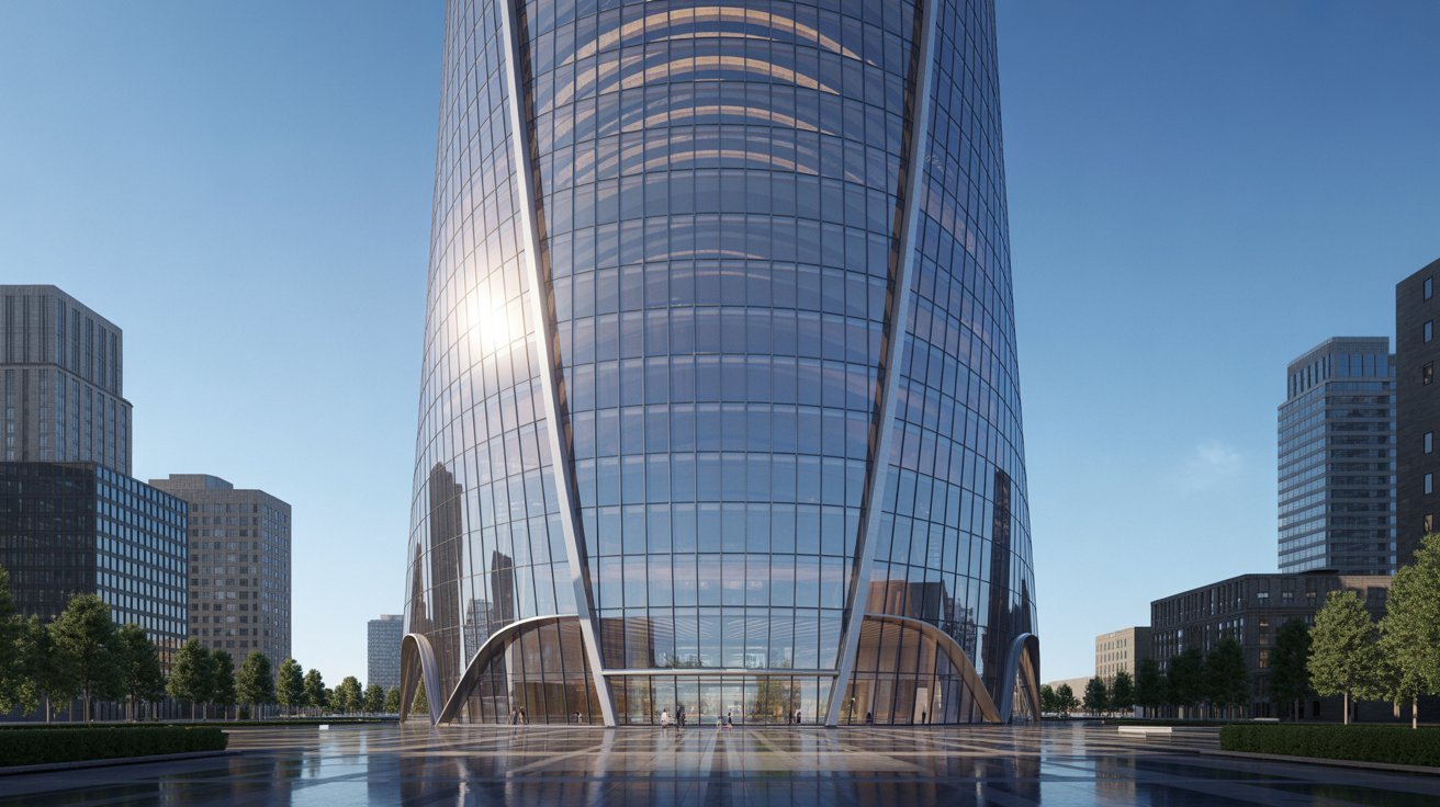 Curved glass building highlighting natural light, airflow, and modern architectural design.
