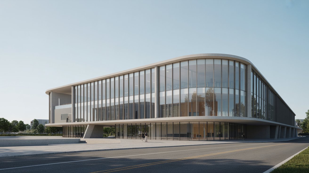 Contemporary building showing a smooth curved exterior wall instead of a flat facade.
