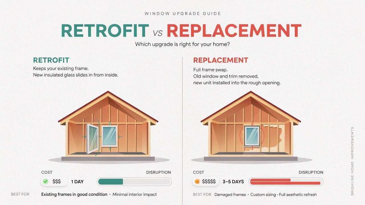 Comparison between retrofit double glazing and full window replacement in terms of cost and installation.