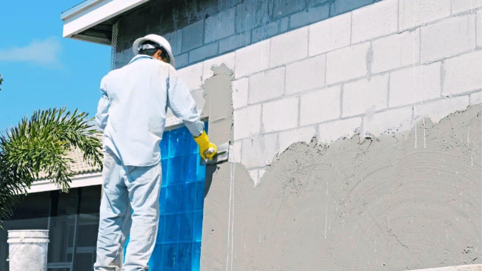 Contractor applying stucco to concrete block exterior wall showing rough weatherproof coating
