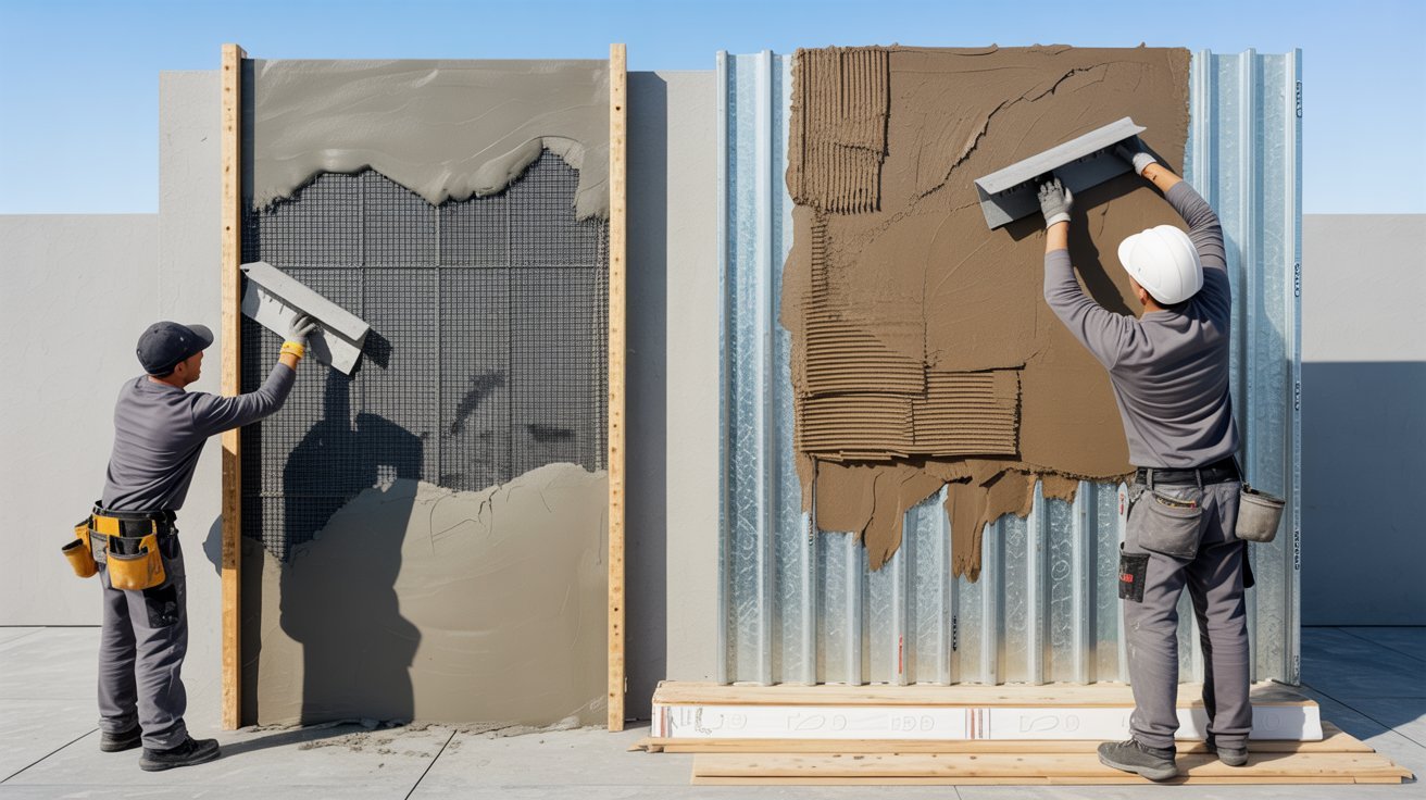 EIFS and stucco installation showing foam boards mesh lath and layered wall coatings.