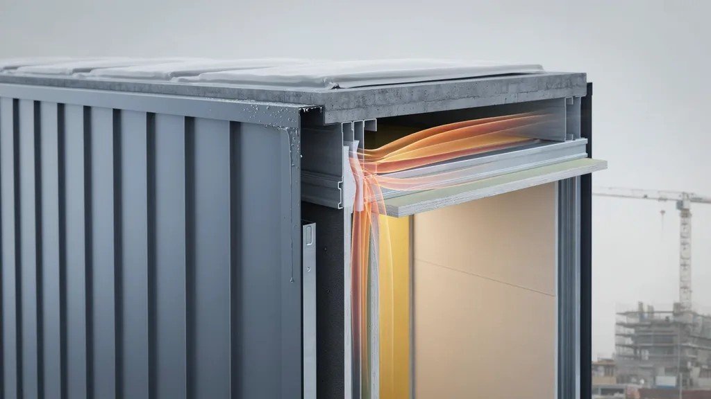 Cutaway building wall showing a thermal break reducing heat transfer flow