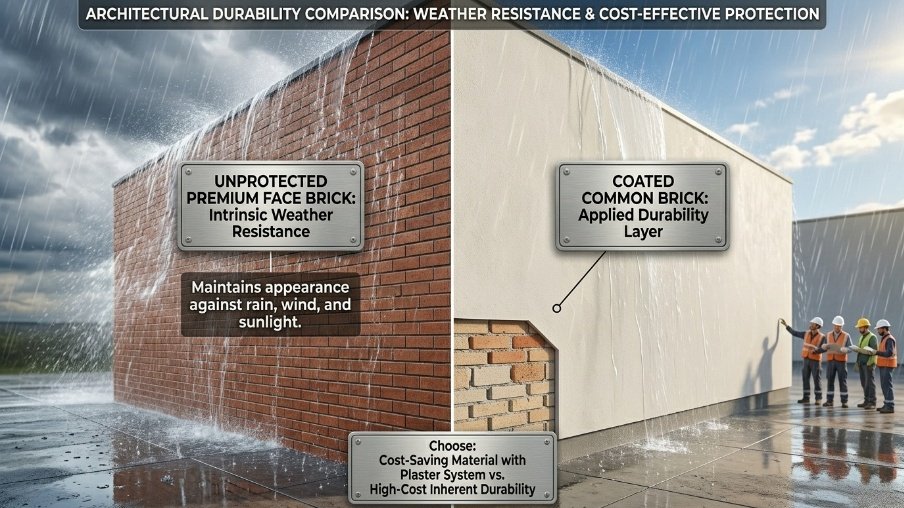 Face bricks resist weather exposure while common bricks need protection from moisture.