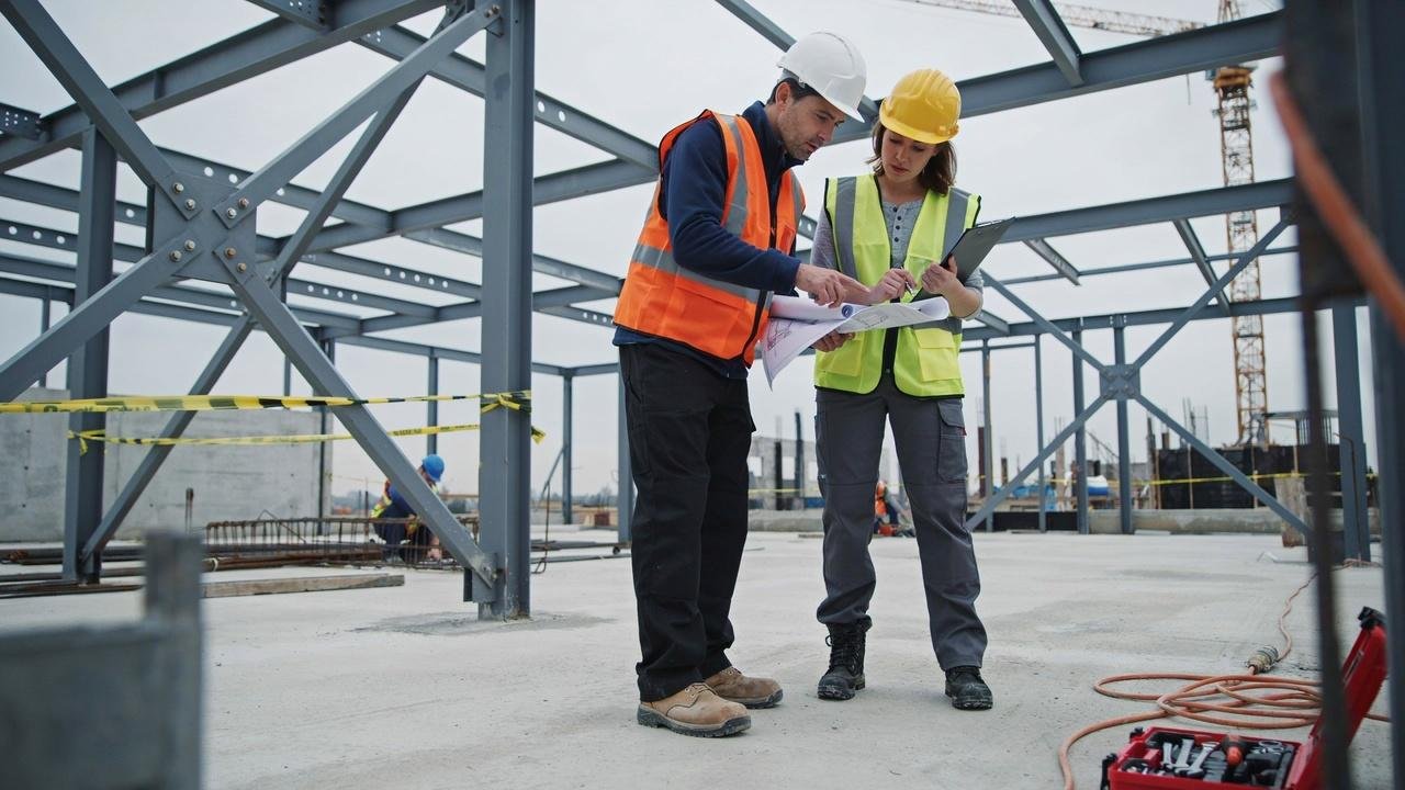 Construction manager and inspector reviewing building plans at a job site.