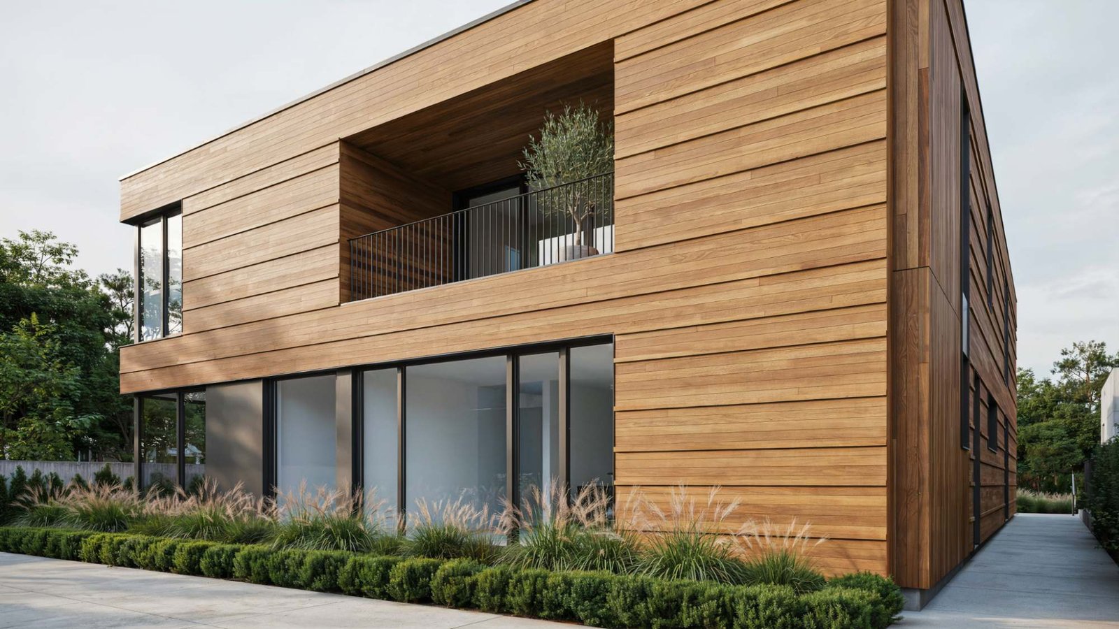 Building exterior clad with composite WPC panels that resemble natural wood.