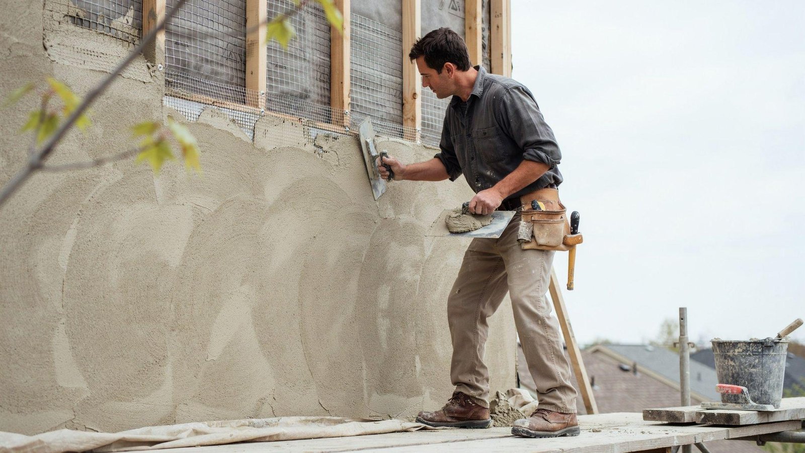 Traditional stucco installation over metal lath using cement based wall coating system.