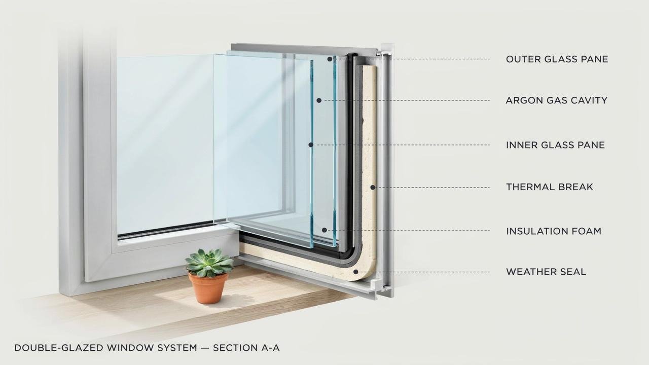 Illustration showing glass installed in building frames explaining glazing in construction.