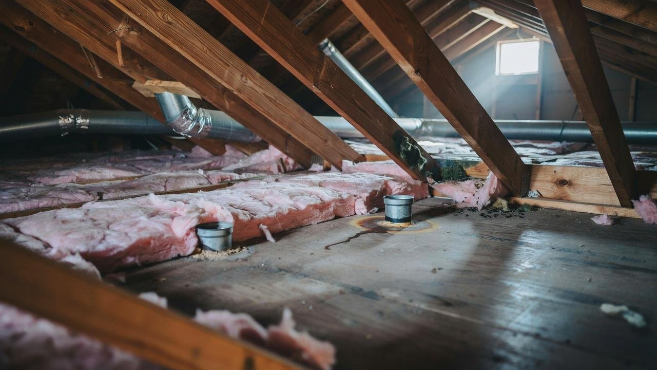 Attic showing common signs that insulation needs replacement.