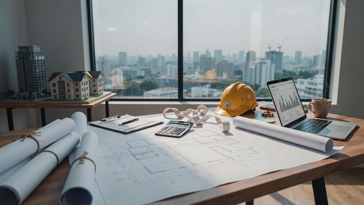 Construction budget planning with blueprints, calculator, and cost documents.