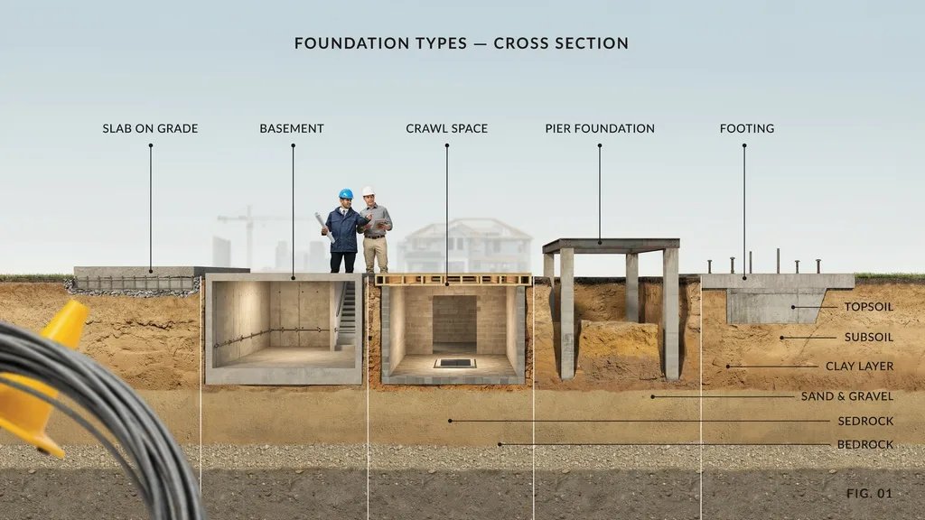 Visual comparison of different concrete foundation types shown in a modern construction cross-section scene.