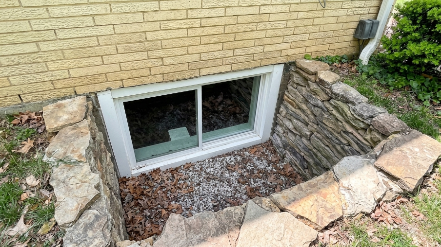Natural stacked fieldstone window well with gravel and fallen leaves around white sliding basement egress window.