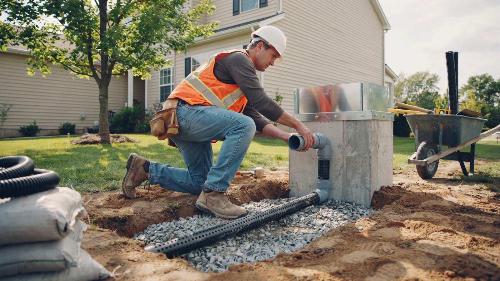 Contractor installing drainage pipe and gravel for egress window well water control.