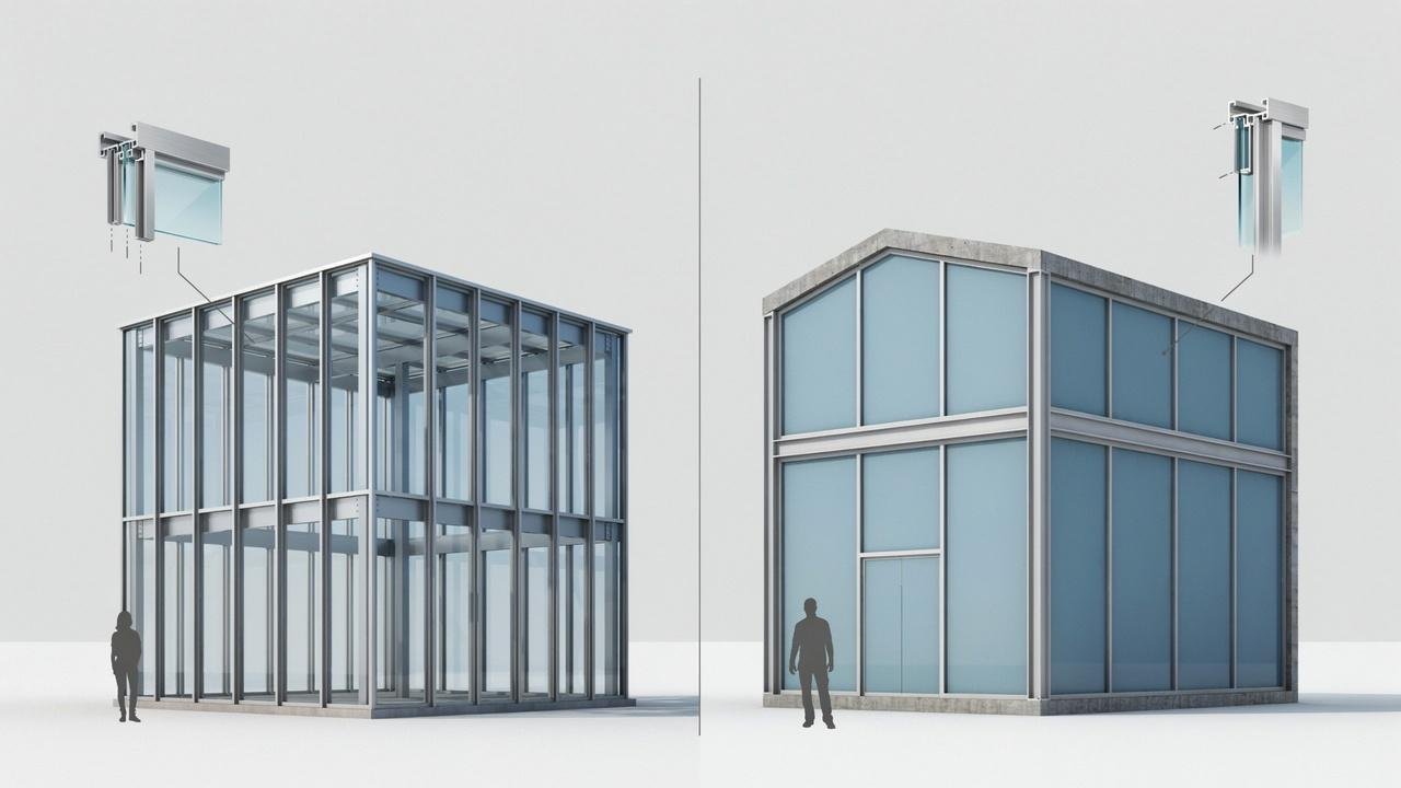 Side-by-side comparison of a curtain wall building and a storefront system on a commercial property.
