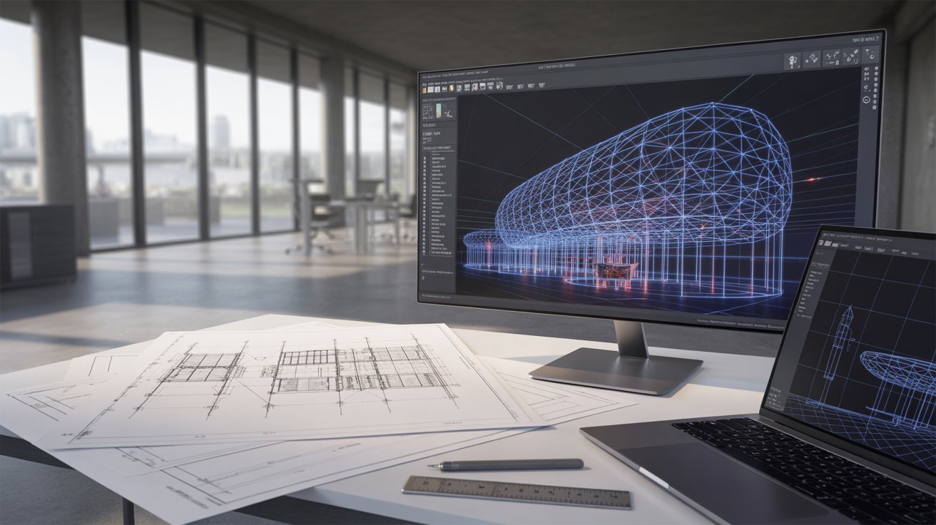 Architect using 3D modeling software to design a curved building facade.