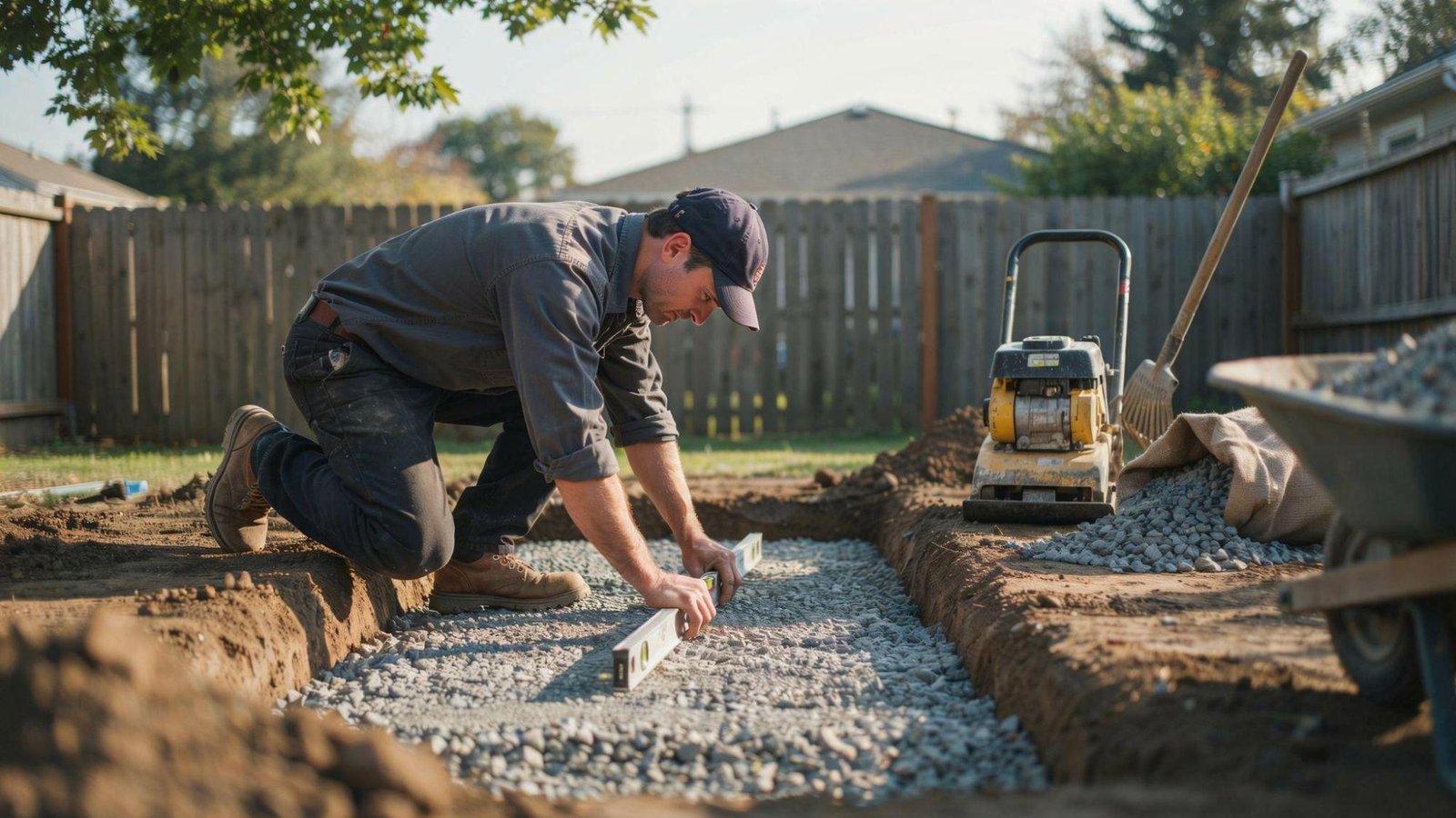 Contractor leveling and compacting gravel base for egress window well installation.