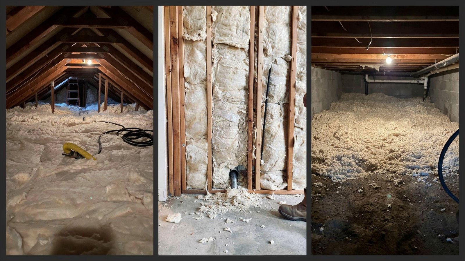 Different home areas insulated with blown-in cellulose.