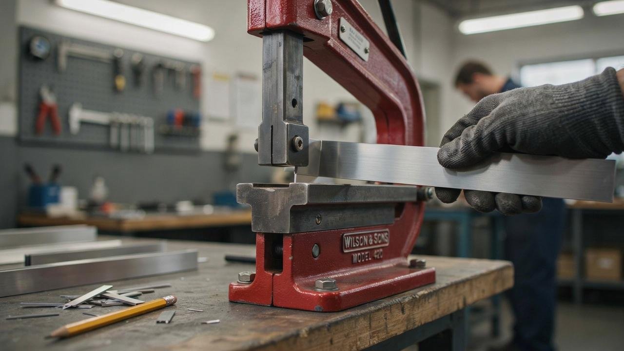Using a metal brake to bend aluminum for window capping.
