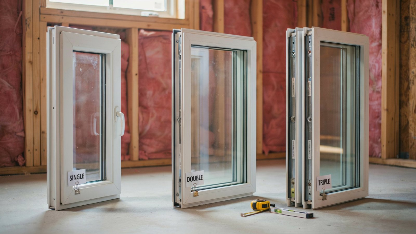 Single-pane, double-pane, and triple-pane window glass configurations.
