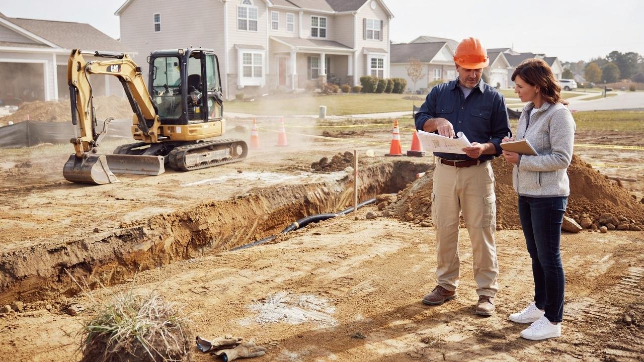 Professional excavation contractor reviewing a construction project.