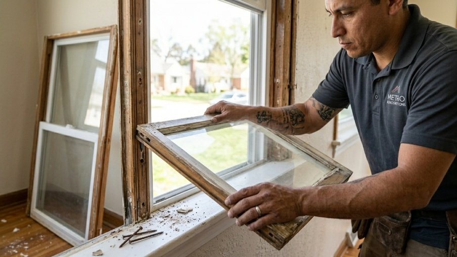 Removing old window sashes to prepare the opening for a replacement window.