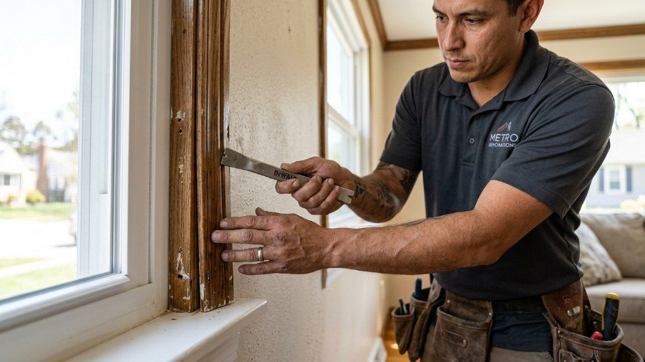 Installer removing interior trim and window stops before replacement window installation.