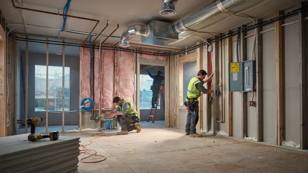Home interior showing plumbing pipes, electrical wiring, and HVAC systems being installed before wall finishing.
