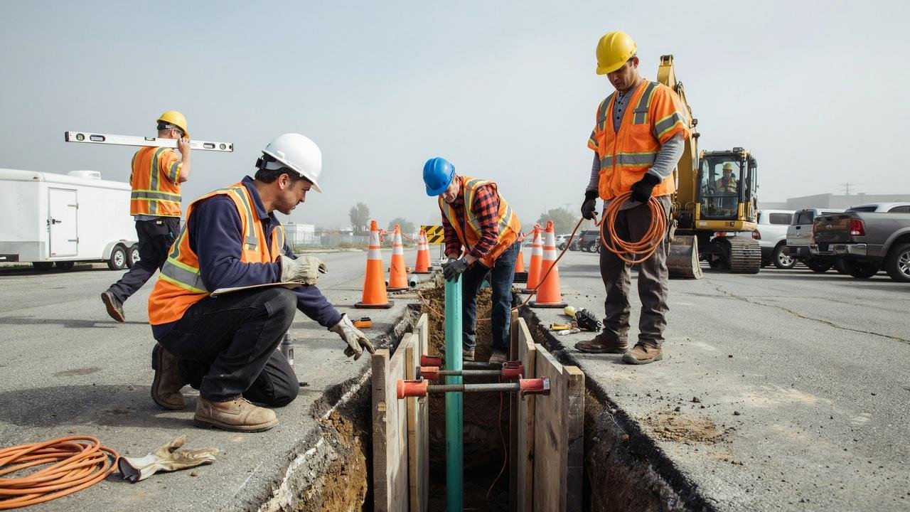 Construction workers following excavation safety procedures on site.