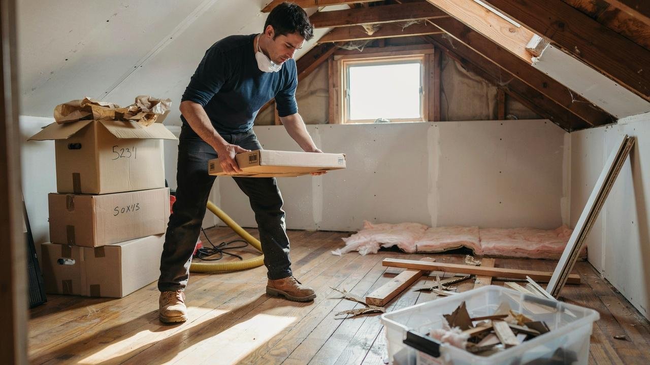 Removing debris from an attic before insulation removal begins.
