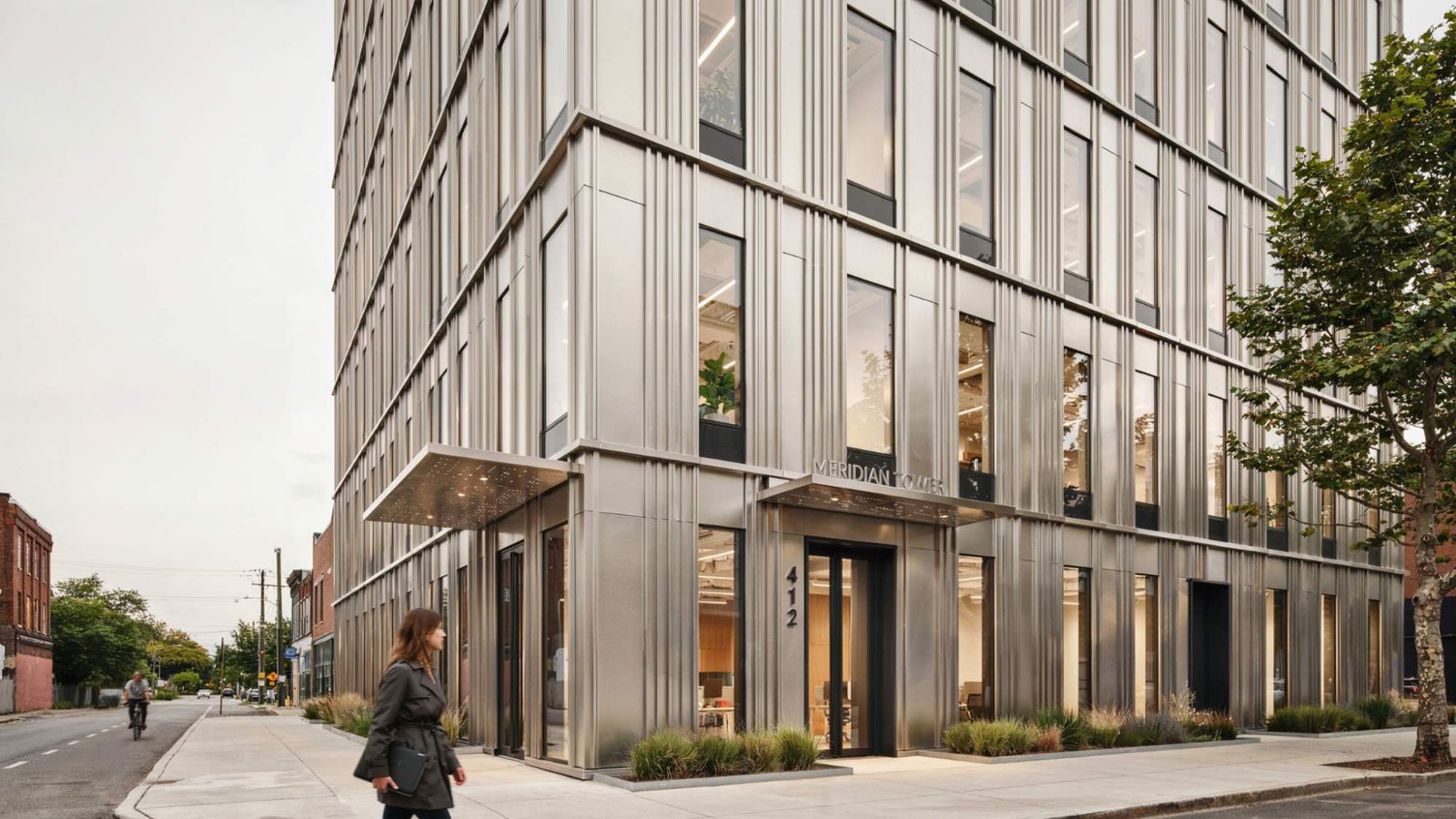 Modern building exterior featuring durable metal cladding panels.