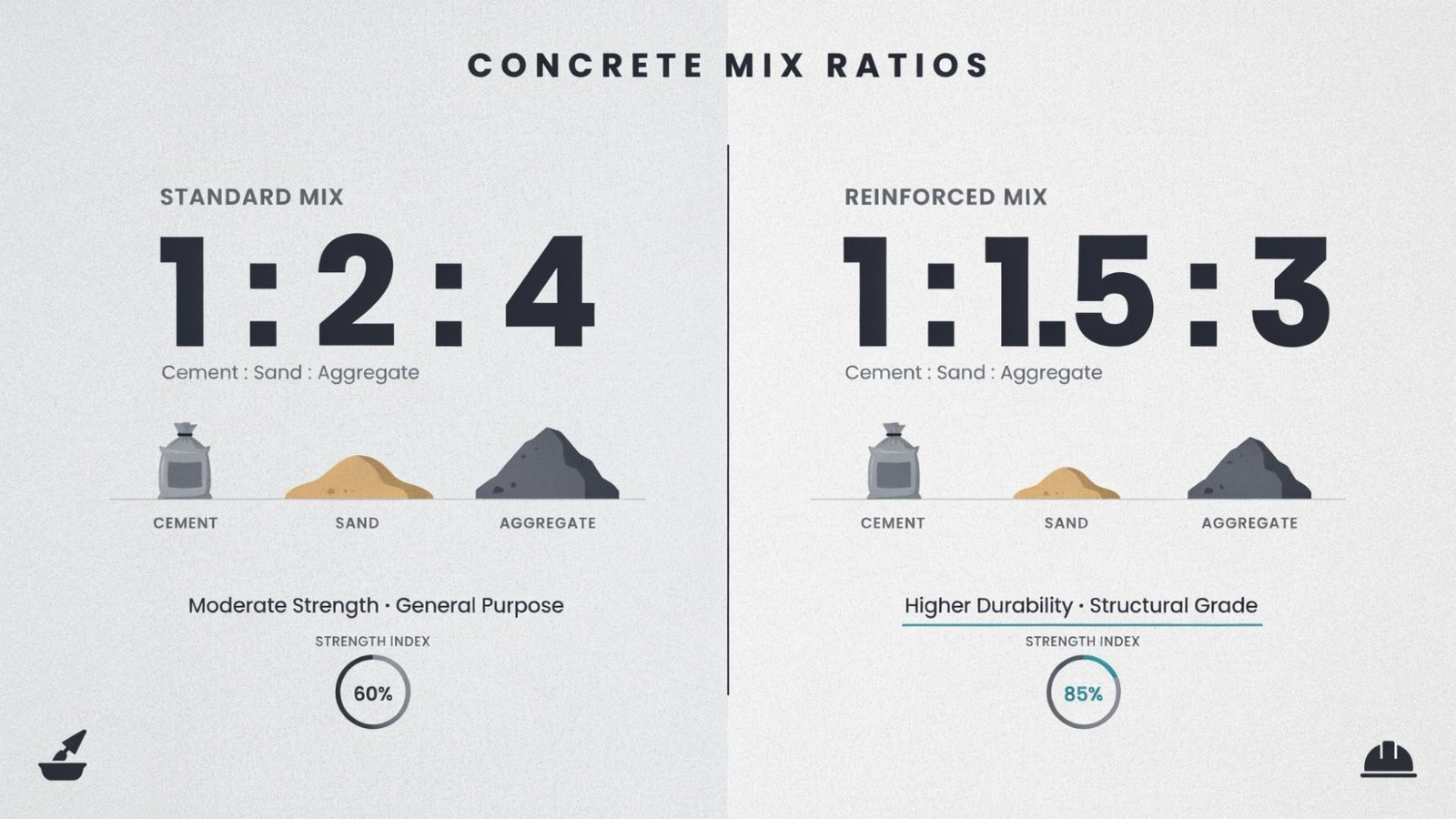 Comparison between 1:2:4 and 1:1.5:3 concrete mix ratios showing strength and material differences.