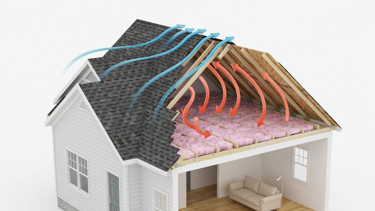 Cross-section of a home showing how attic insulation reduces heat transfer.