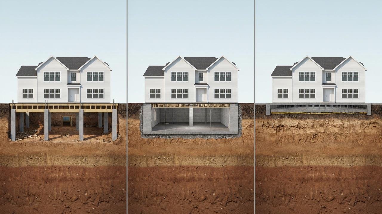 Comparison of pier and curtain wall, block, and slab foundation systems beneath homes.