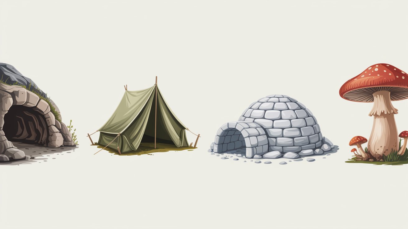 Comparison of common guesses such as caves, tents, igloos, and mushrooms for the riddle.