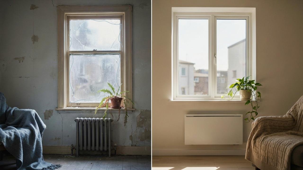 Before-and-after comparison of a window showing retrofit double glazing improving warmth and energy efficiency in a home.