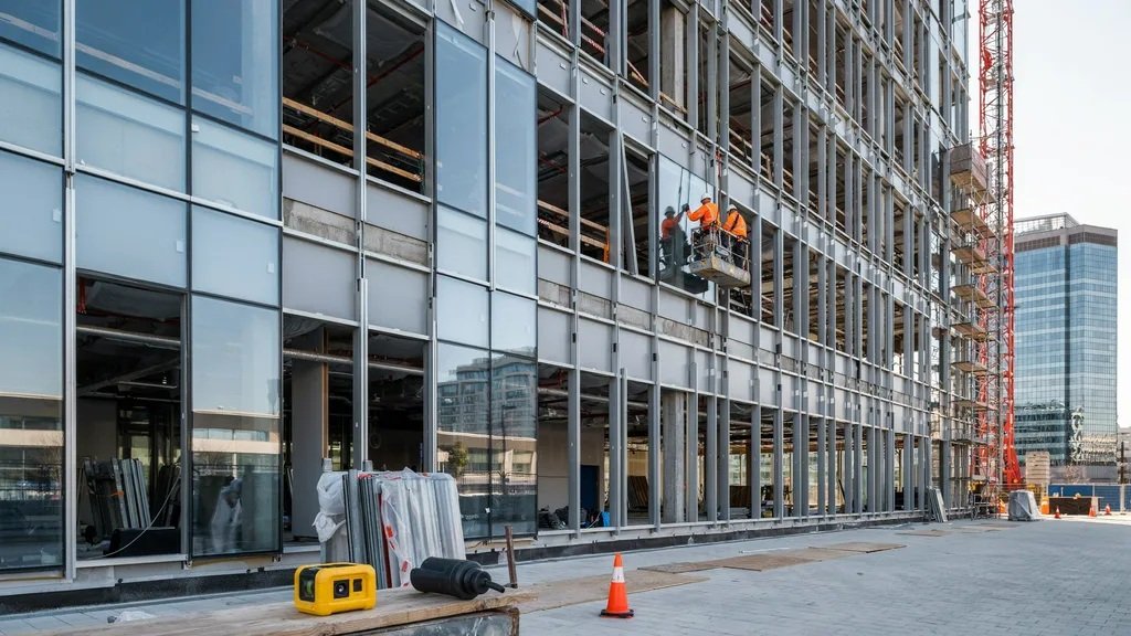 Modern building with a stick curtain wall system being assembled on-site.